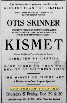 Auditorium Theatre - 22 Dec 1921 Ad